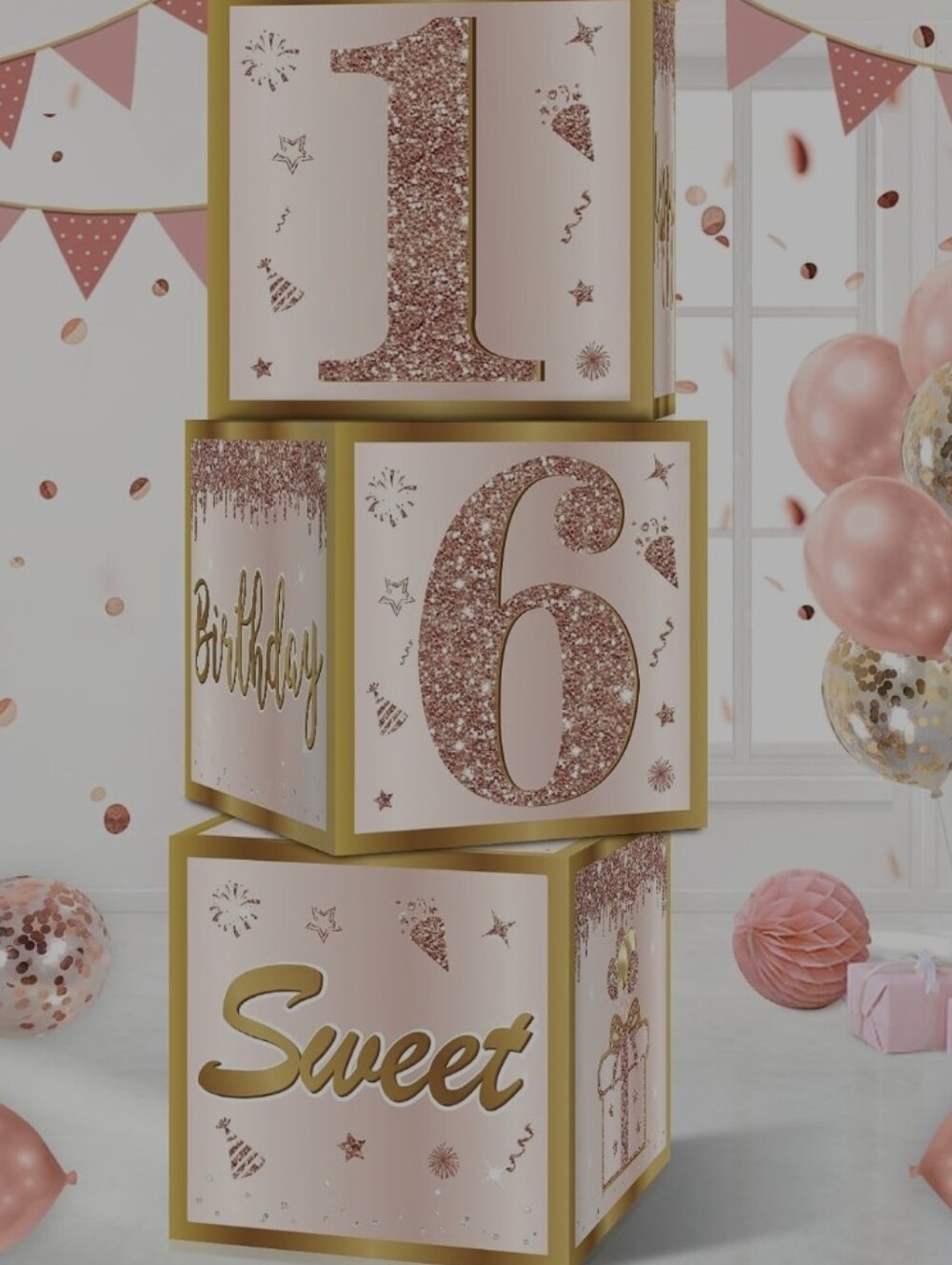 Guiruiy 3Pcs Sweet 16 Party Decorations Boxes for Girls Women, Pink Rose Gold 16